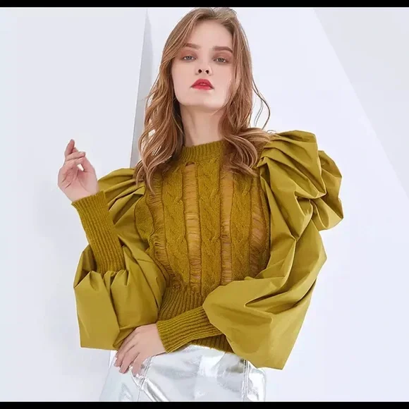 New Bishop Puff Sleeves Distress Crew neck Black color Pull on Sweater - Picture 2 of 12